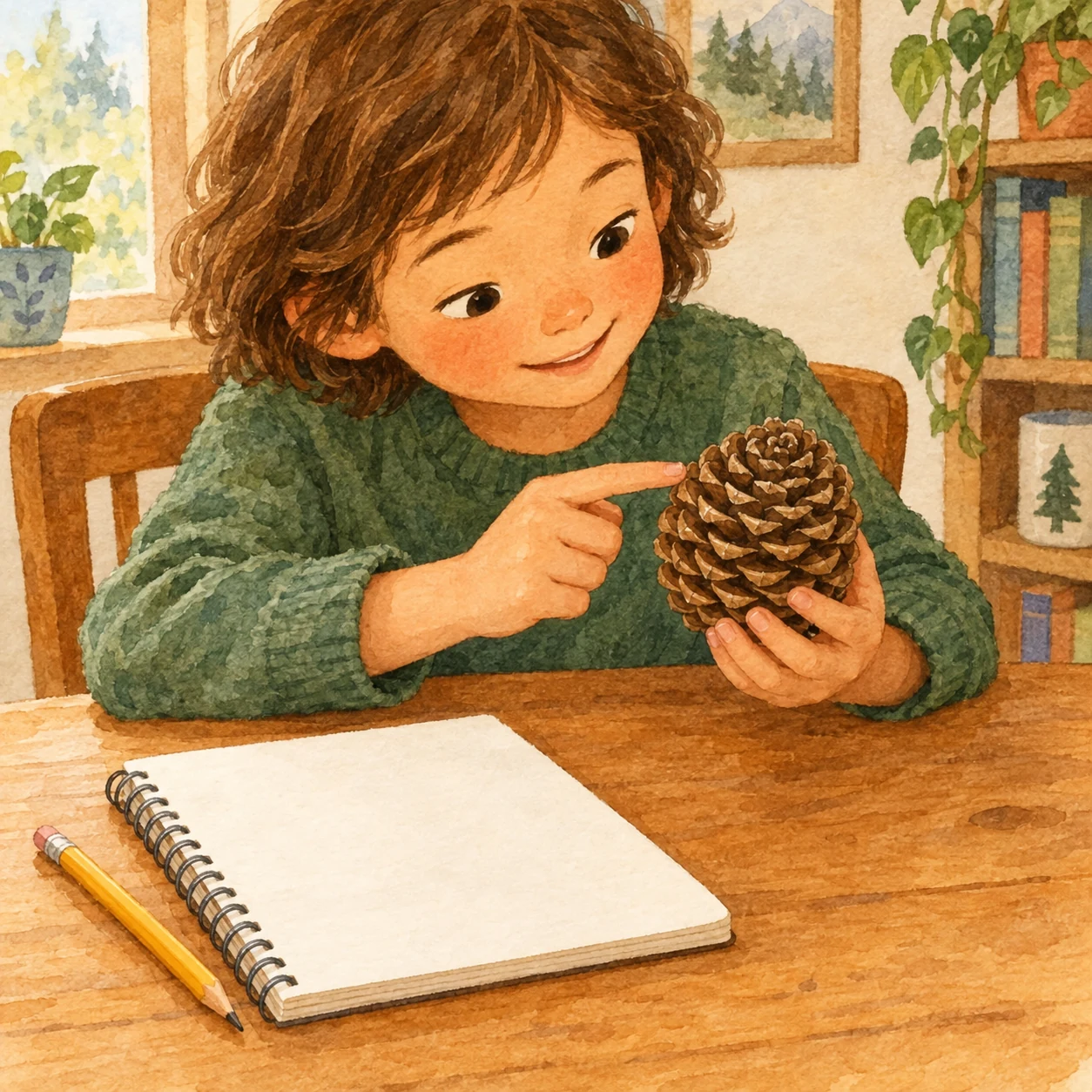 A child examines a pinecone beside a notebook and pencil
