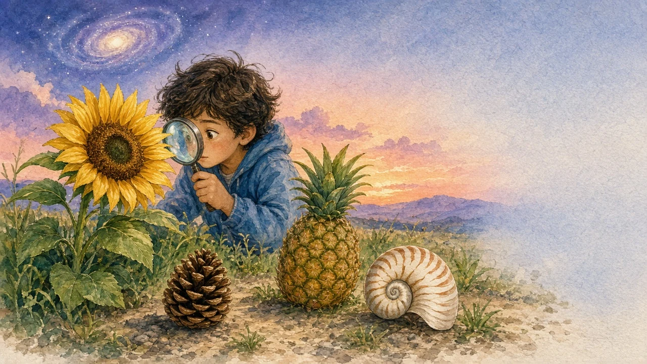 A young nature explorer looks at a sunflower, pinecone, pineapple, seashell, and spiral galaxy
