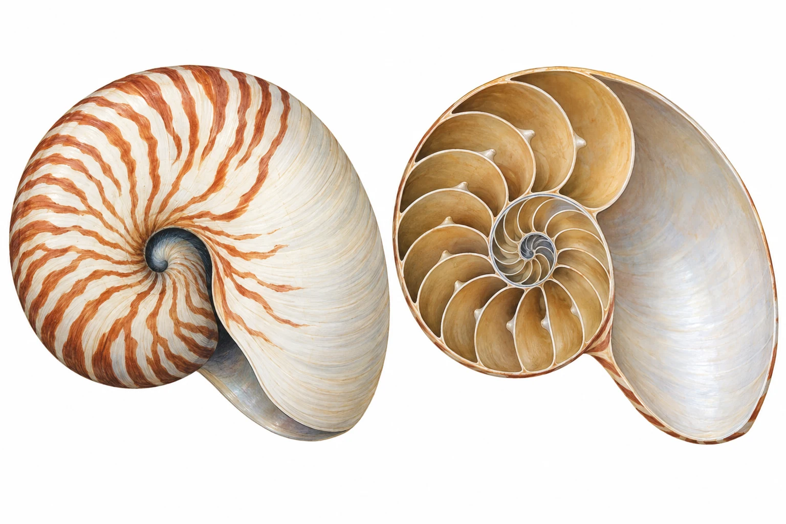 A nautilus shell beside a cutaway view of its chambers