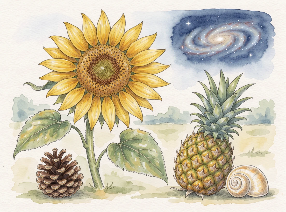 A watercolor illustration of a sunflower, pinecone, pineapple, shell, and spiral galaxy