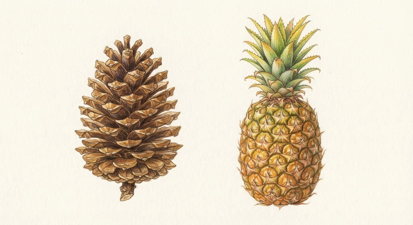 A pinecone and pineapple with their spiral patterns visible