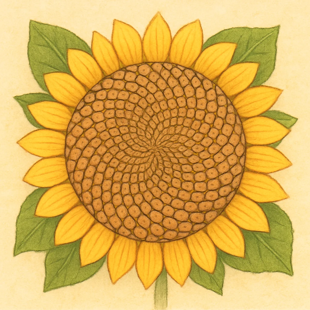 Sunflower seeds arranged in a spiral pattern